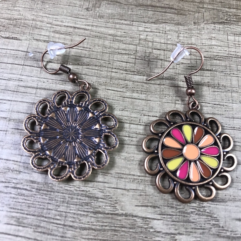 Bohemian Yellow Pink Floral Gold Earrings - Picture 2 of 5